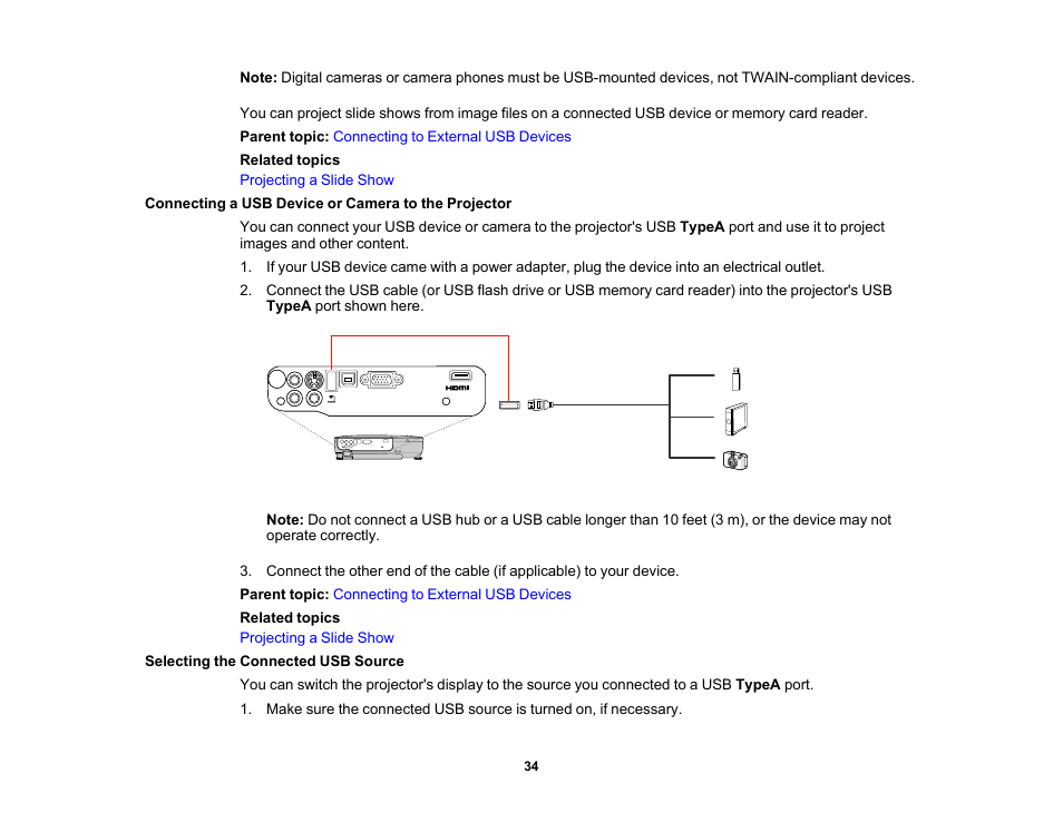 Connecting a usb device or camera to the projector, Selecting the connected usb source | Epson EX3210 User Manual | Page 34 / 171