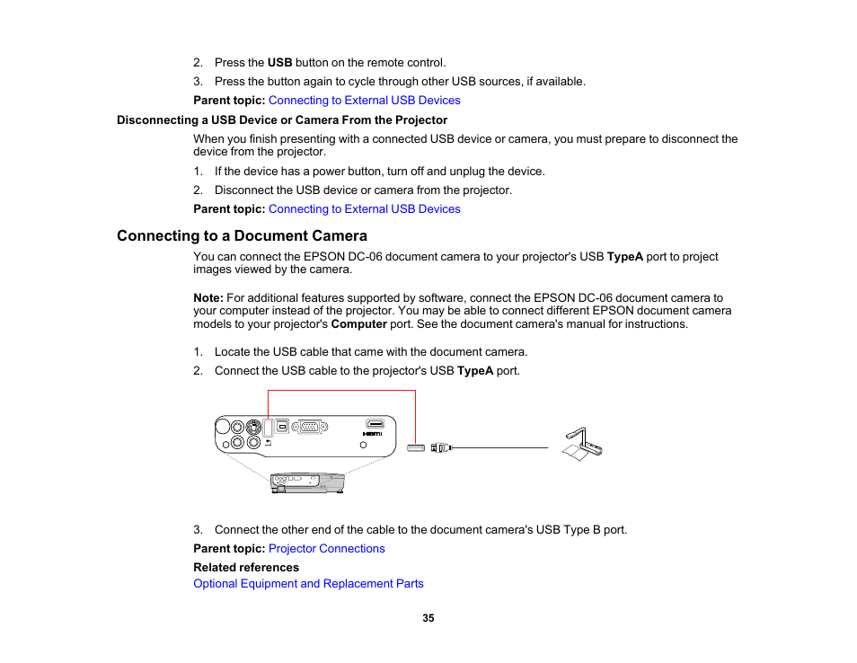 Connecting to a document camera | Epson EX3210 User Manual | Page 35 / 171