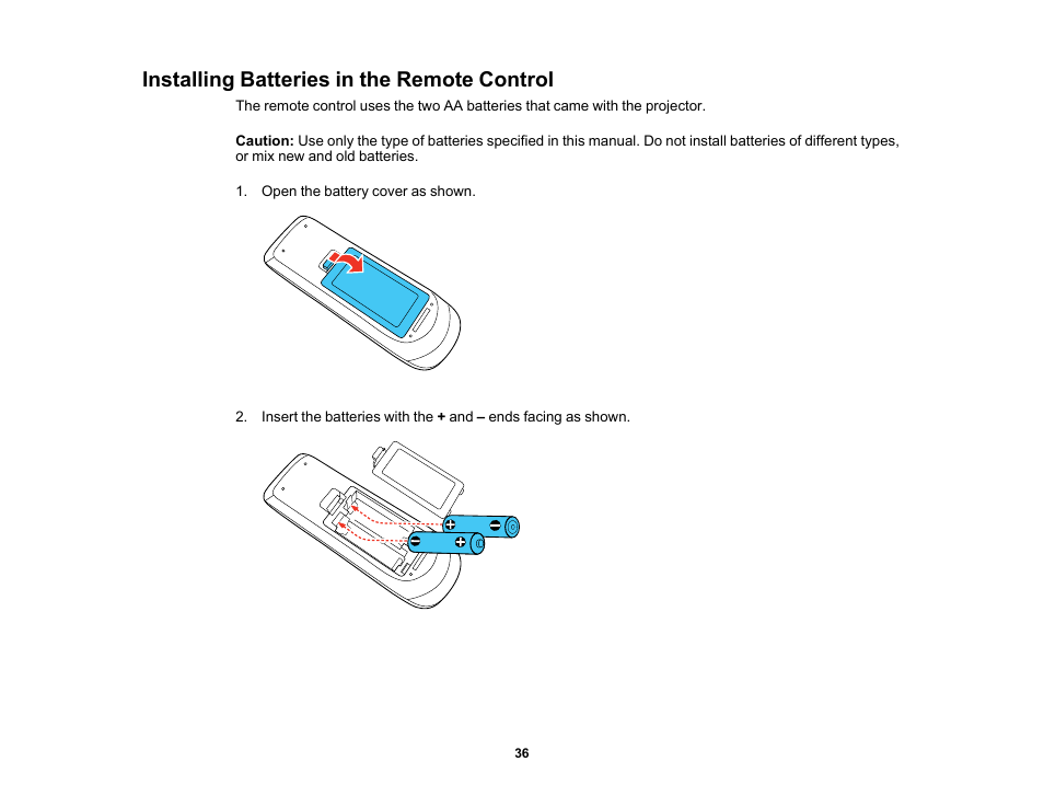 Installing batteries in the remote control | Epson EX3210 User Manual | Page 36 / 171