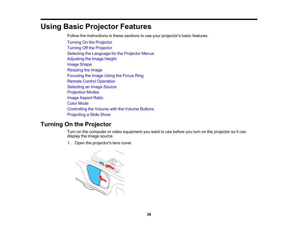 Using basic projector features, Turning on the projector | Epson EX3210 User Manual | Page 38 / 171