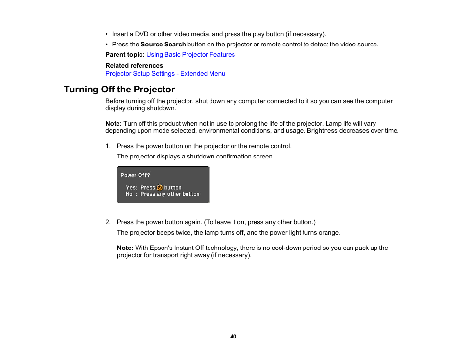 Turning off the projector | Epson EX3210 User Manual | Page 40 / 171