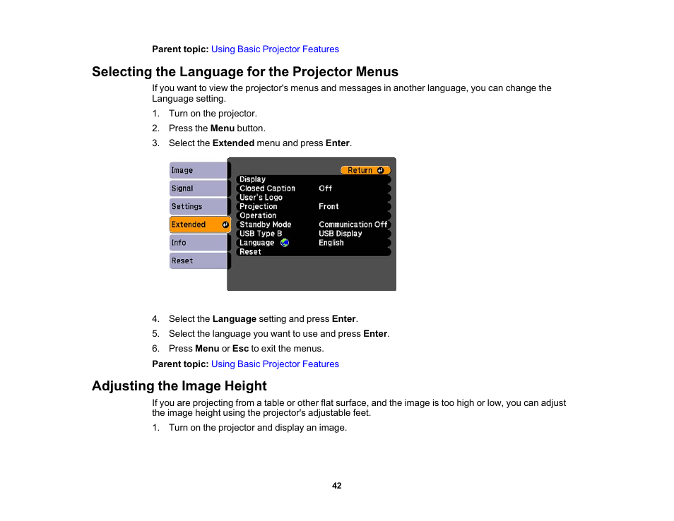 Selecting the language for the projector menus, Adjusting the image height | Epson EX3210 User Manual | Page 42 / 171