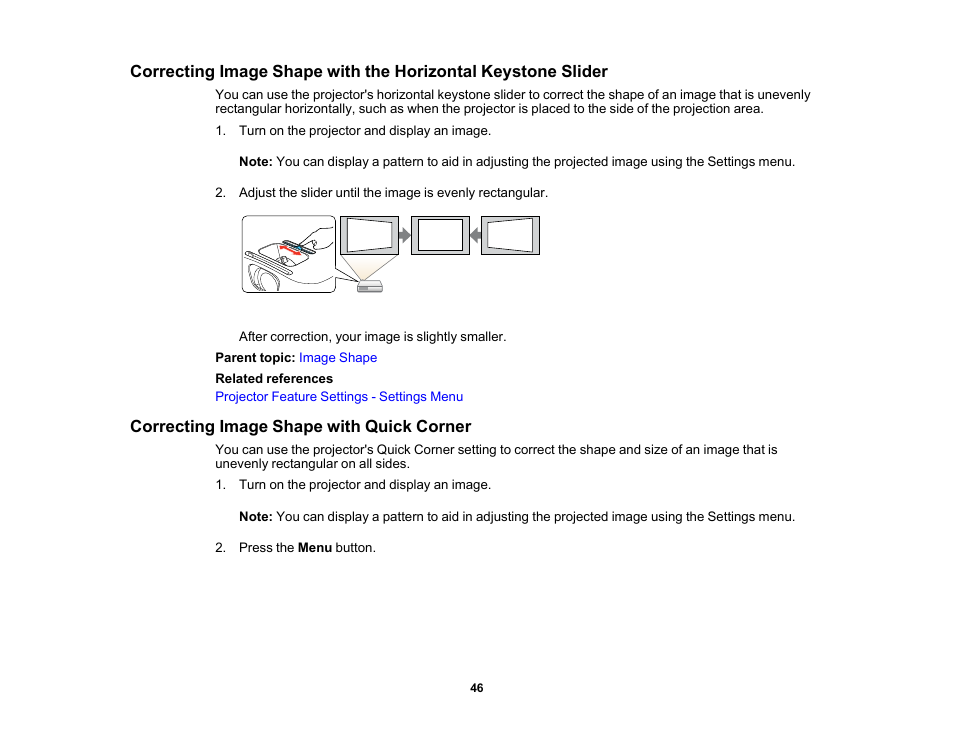 Correcting image shape with quick corner | Epson EX3210 User Manual | Page 46 / 171