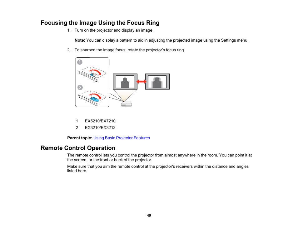 Focusing the image using the focus ring, Remote control operation | Epson EX3210 User Manual | Page 49 / 171