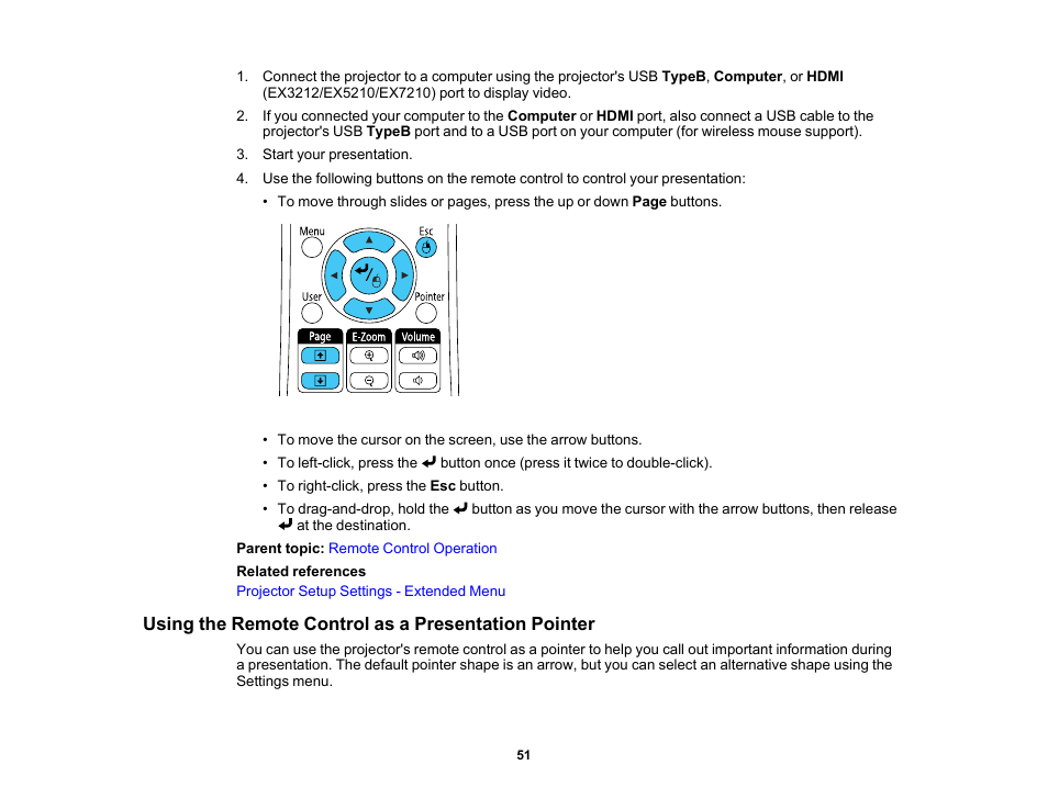 Using the remote control as a presentation pointer | Epson EX3210 User Manual | Page 51 / 171