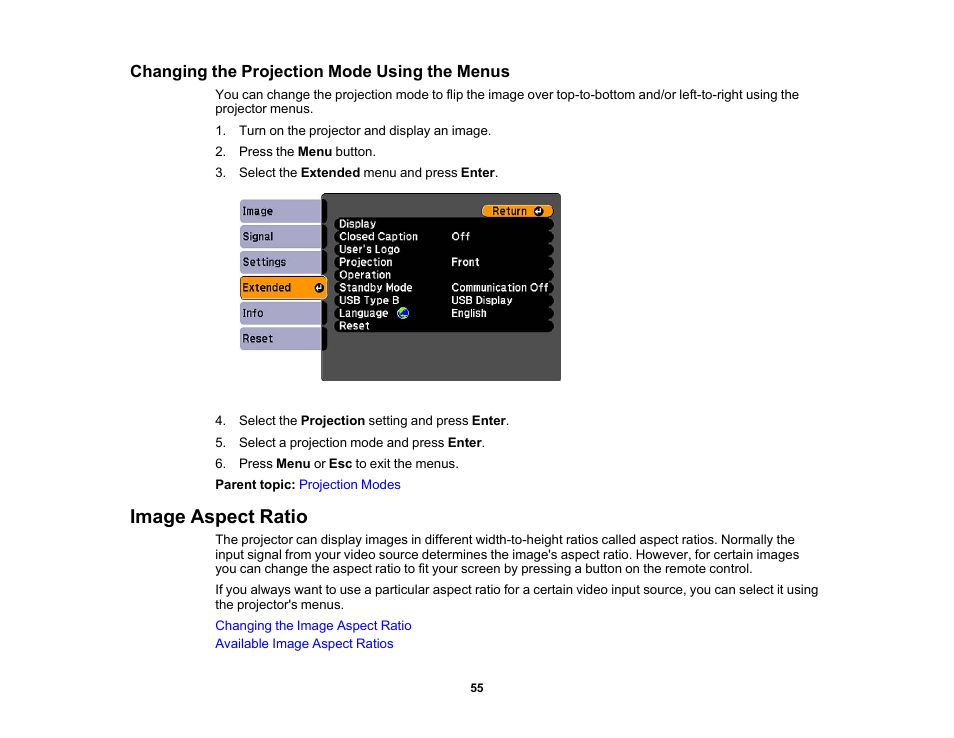 Changing the projection mode using the menus, Image aspect ratio | Epson EX3210 User Manual | Page 55 / 171