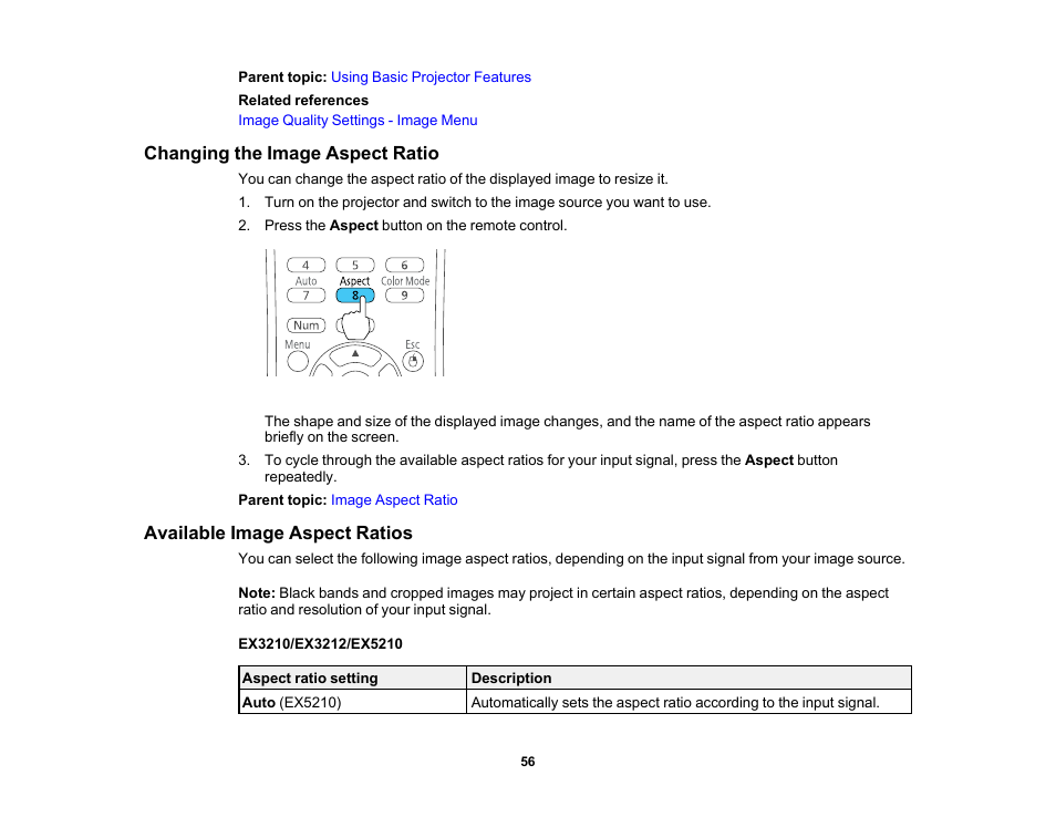 Changing the image aspect ratio, Available image aspect ratios | Epson EX3210 User Manual | Page 56 / 171
