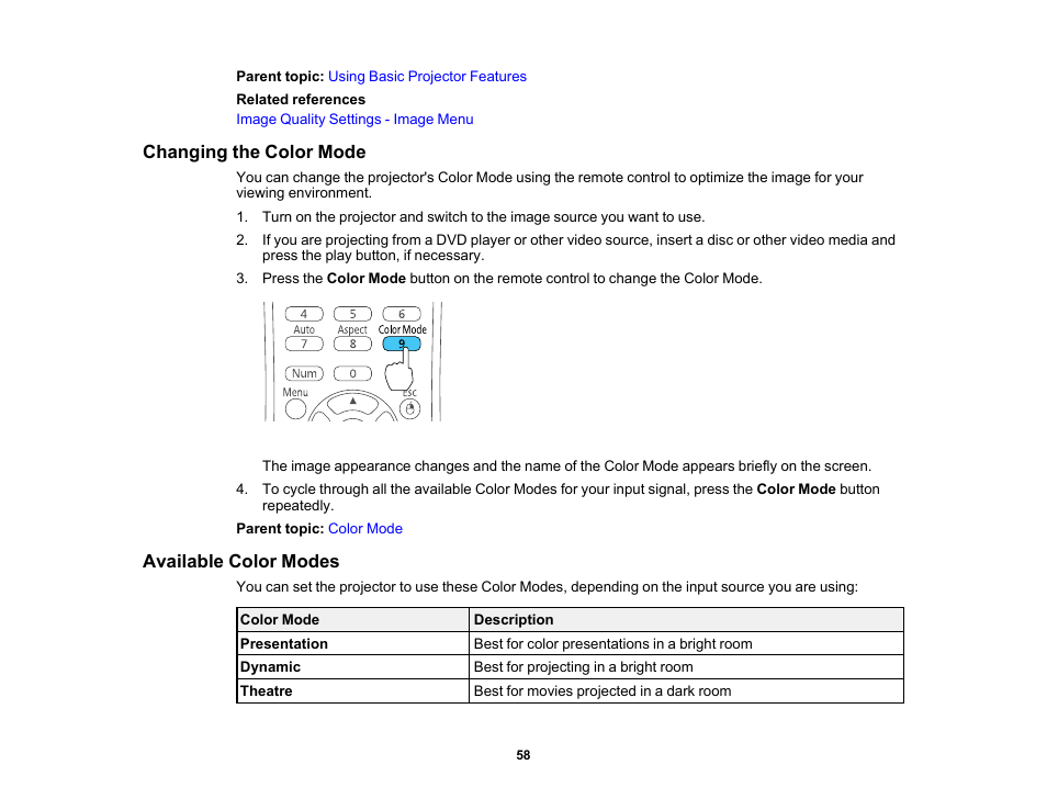 Changing the color mode, Available color modes, Changing the color mode available color modes | Epson EX3210 User Manual | Page 58 / 171