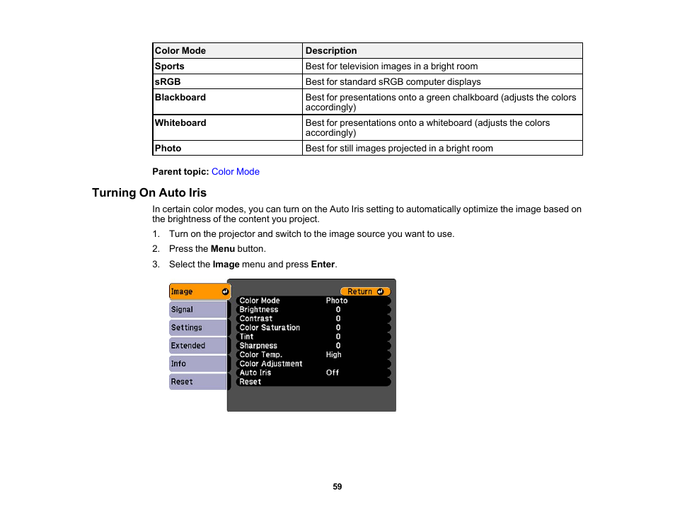 Turning on auto iris | Epson EX3210 User Manual | Page 59 / 171