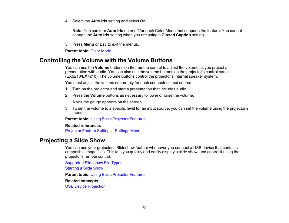 Controlling the volume with the volume buttons, Projecting a slide show | Epson EX3210 User Manual | Page 60 / 171