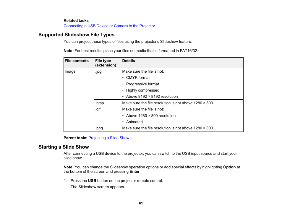 Supported slideshow file types, Starting a slide show | Epson EX3210 User Manual | Page 61 / 171