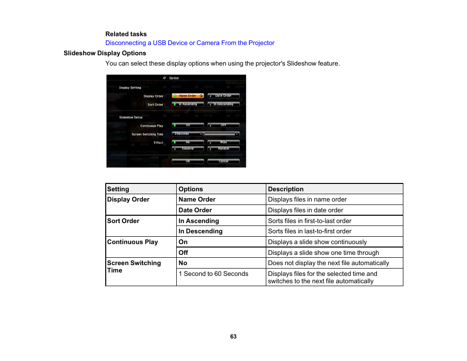 Slideshow display options | Epson EX3210 User Manual | Page 63 / 171