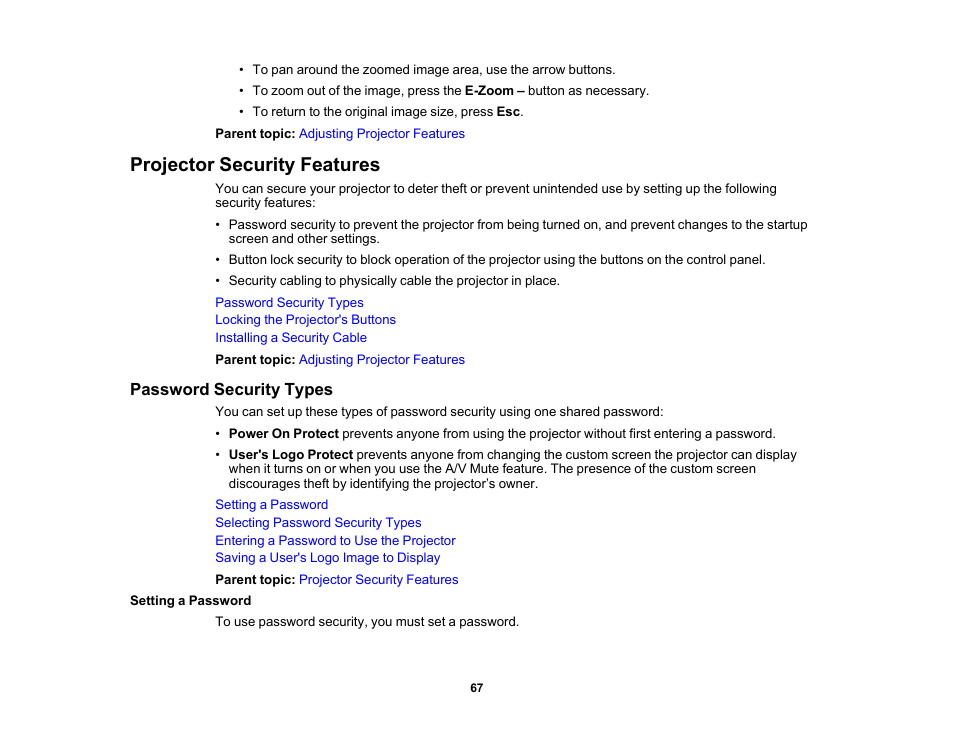 Projector security features, Password security types, Setting a password | Epson EX3210 User Manual | Page 67 / 171