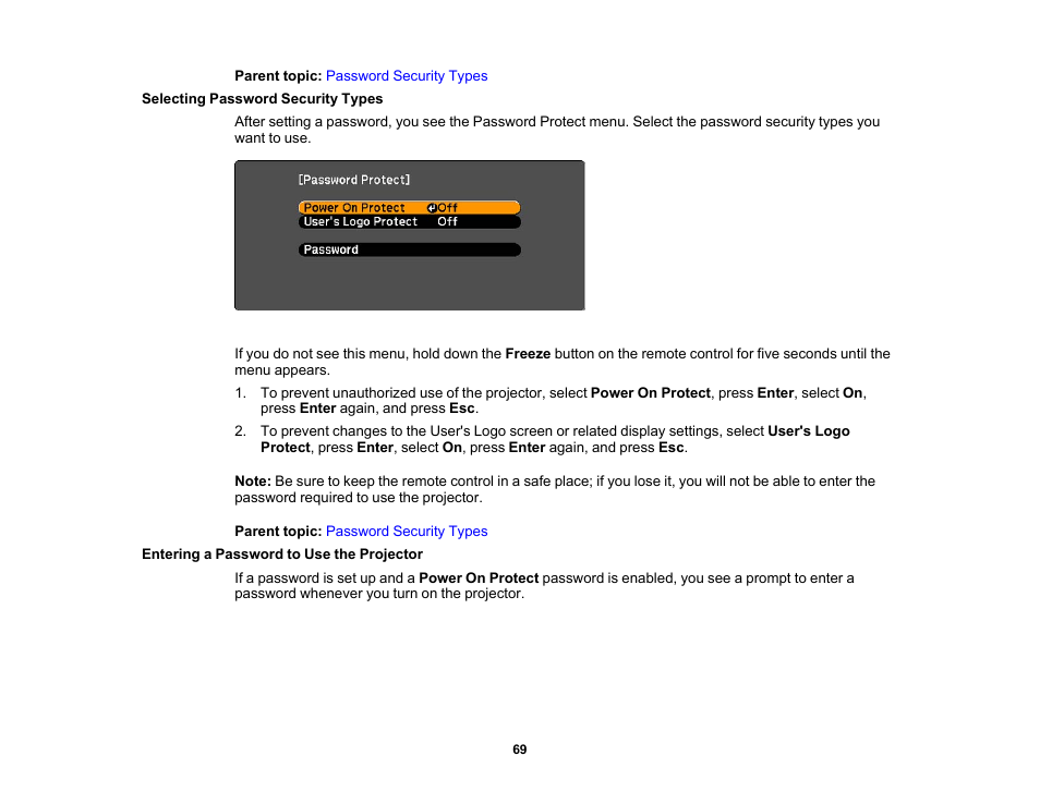 Selecting password security types, Entering a password to use the projector | Epson EX3210 User Manual | Page 69 / 171