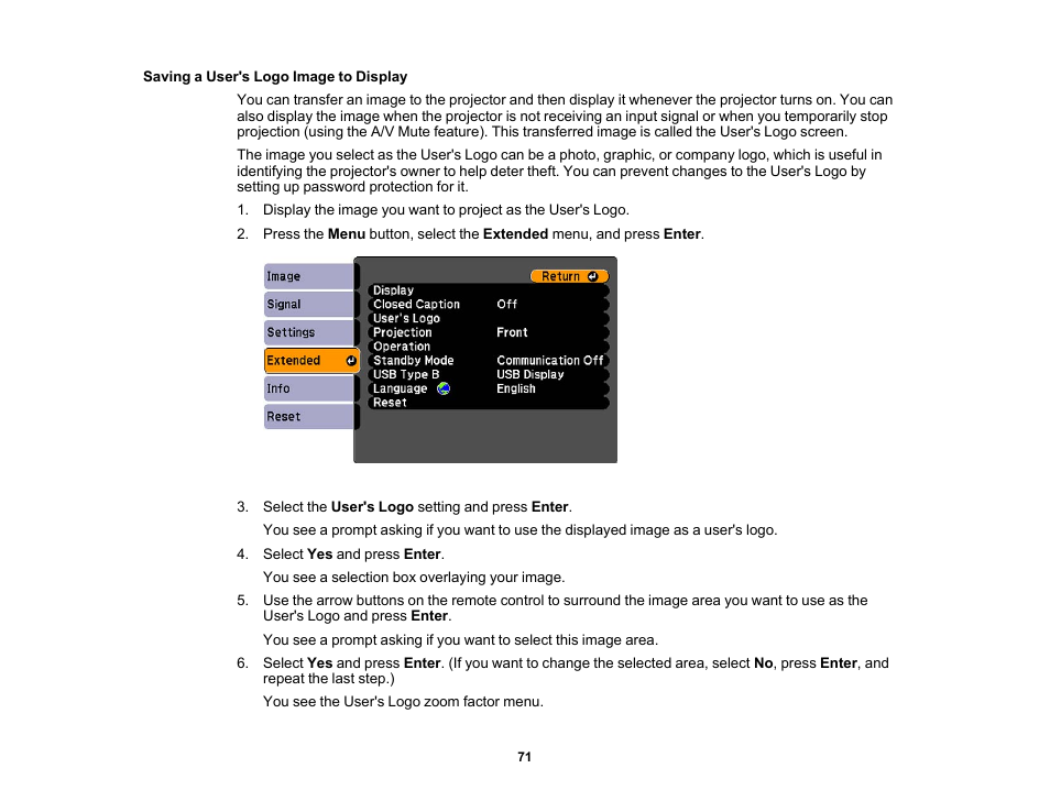 Saving a user's logo image to display | Epson EX3210 User Manual | Page 71 / 171