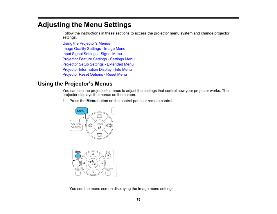 Adjusting the menu settings, Using the projector's menus | Epson EX3210 User Manual | Page 75 / 171