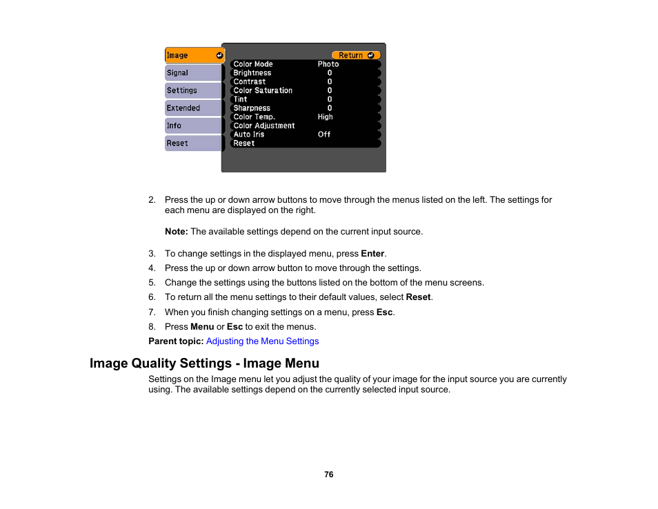 Image quality settings - image menu | Epson EX3210 User Manual | Page 76 / 171