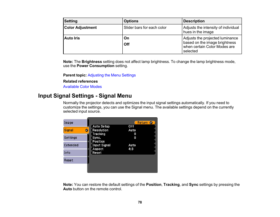 Input signal settings - signal menu | Epson EX3210 User Manual | Page 78 / 171
