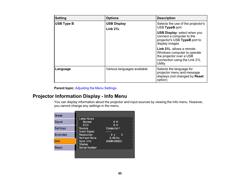 Projector information display - info menu | Epson EX3210 User Manual | Page 85 / 171