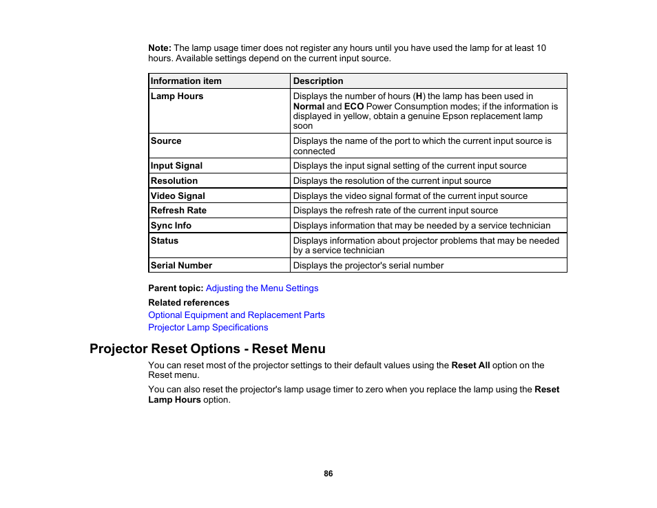 Projector reset options - reset menu | Epson EX3210 User Manual | Page 86 / 171