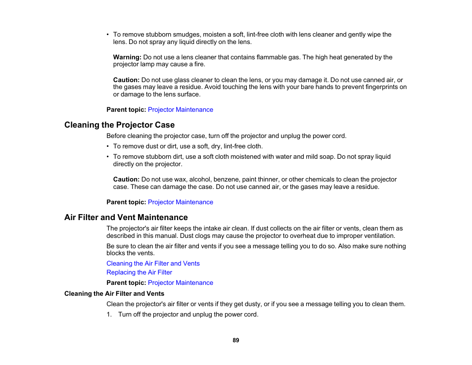 Cleaning the projector case, Air filter and vent maintenance, Cleaning the air filter and vents | Epson EX3210 User Manual | Page 89 / 171