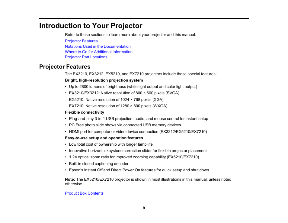 Introduction to your projector, Projector features | Epson EX3210 User Manual | Page 9 / 171