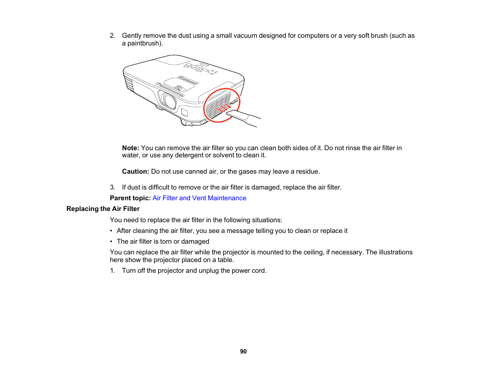 Replacing the air filter | Epson EX3210 User Manual | Page 90 / 171