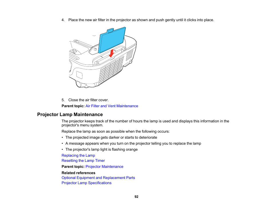 Projector lamp maintenance | Epson EX3210 User Manual | Page 92 / 171