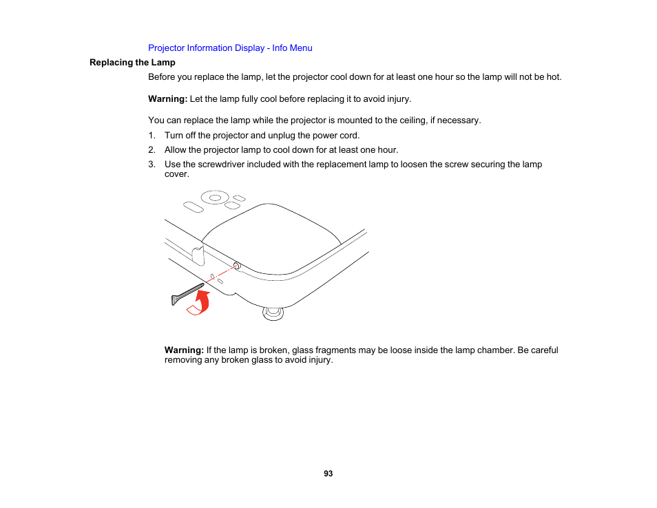 Replacing the lamp | Epson EX3210 User Manual | Page 93 / 171