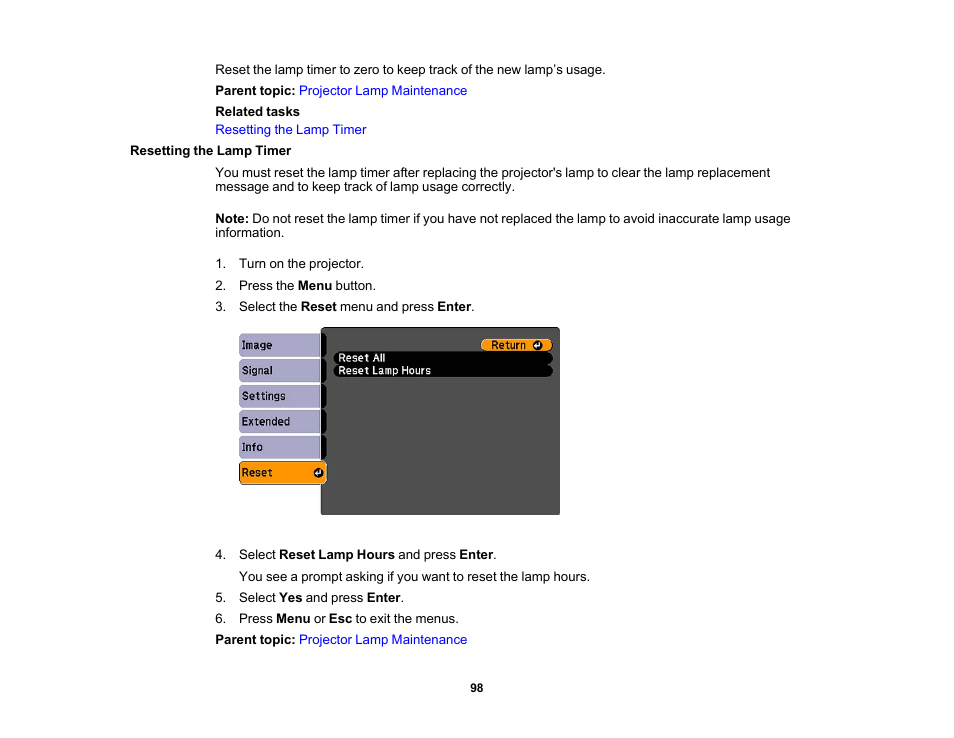 Resetting the lamp timer | Epson EX3210 User Manual | Page 98 / 171