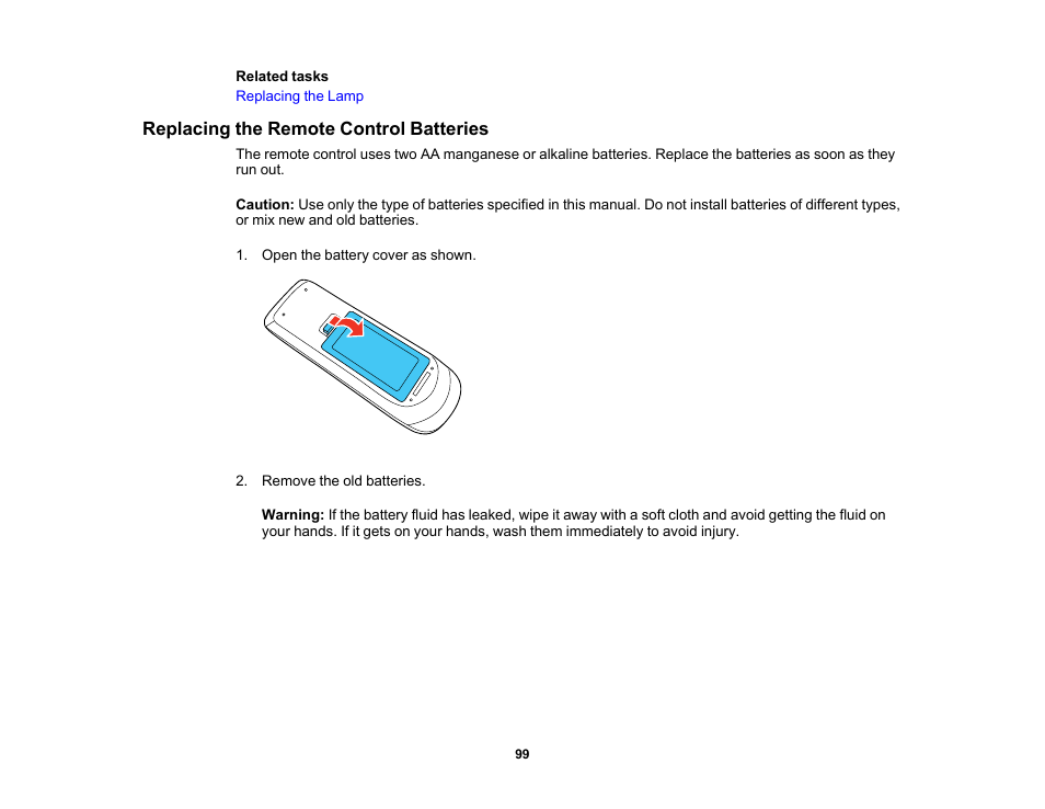 Replacing the remote control batteries | Epson EX3210 User Manual | Page 99 / 171