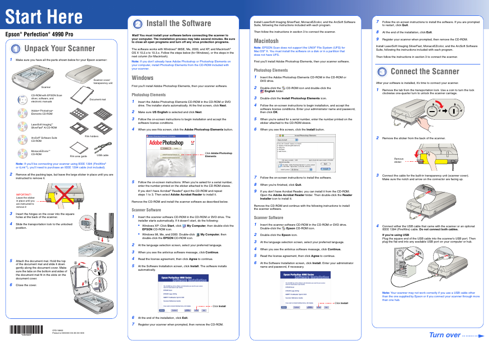 Install the software, Windows, Start here | Unpack your scanner, Connect the scanner, Turn over, Epson perfection 4990 pro, Macintosh | Epson PERFECTION 4990 PRO User Manual | Page 2 / 8