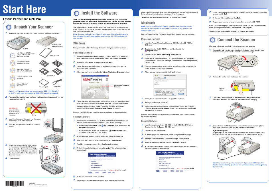 Connect the scanner, Start here, Unpack your scanner | Install the software, Epson perfection 4990 pro, Windows, Macintosh | Epson PERFECTION 4990 PRO User Manual | Page 4 / 8