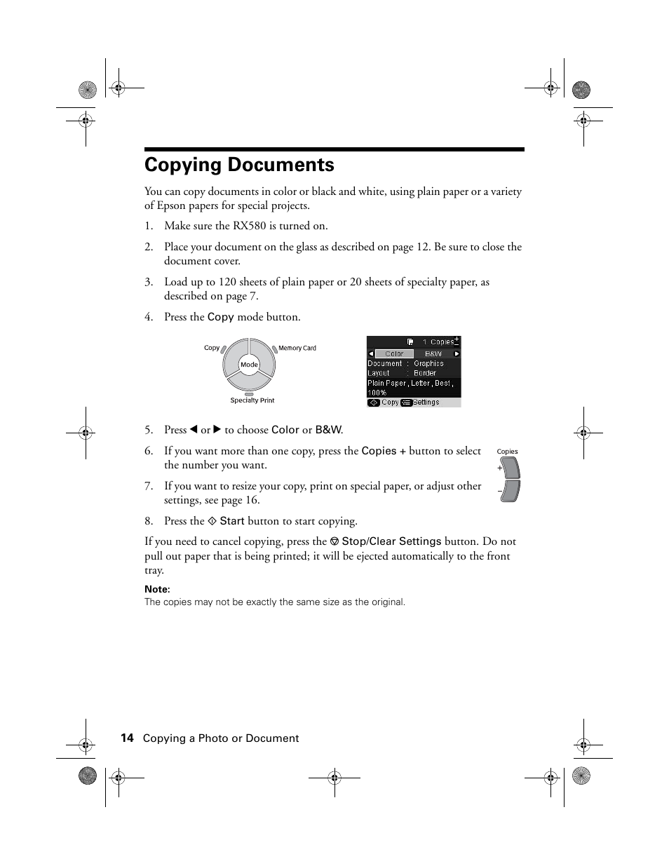 Copying documents | Epson Stylus Photo RX580 User Manual | Page 14 / 95