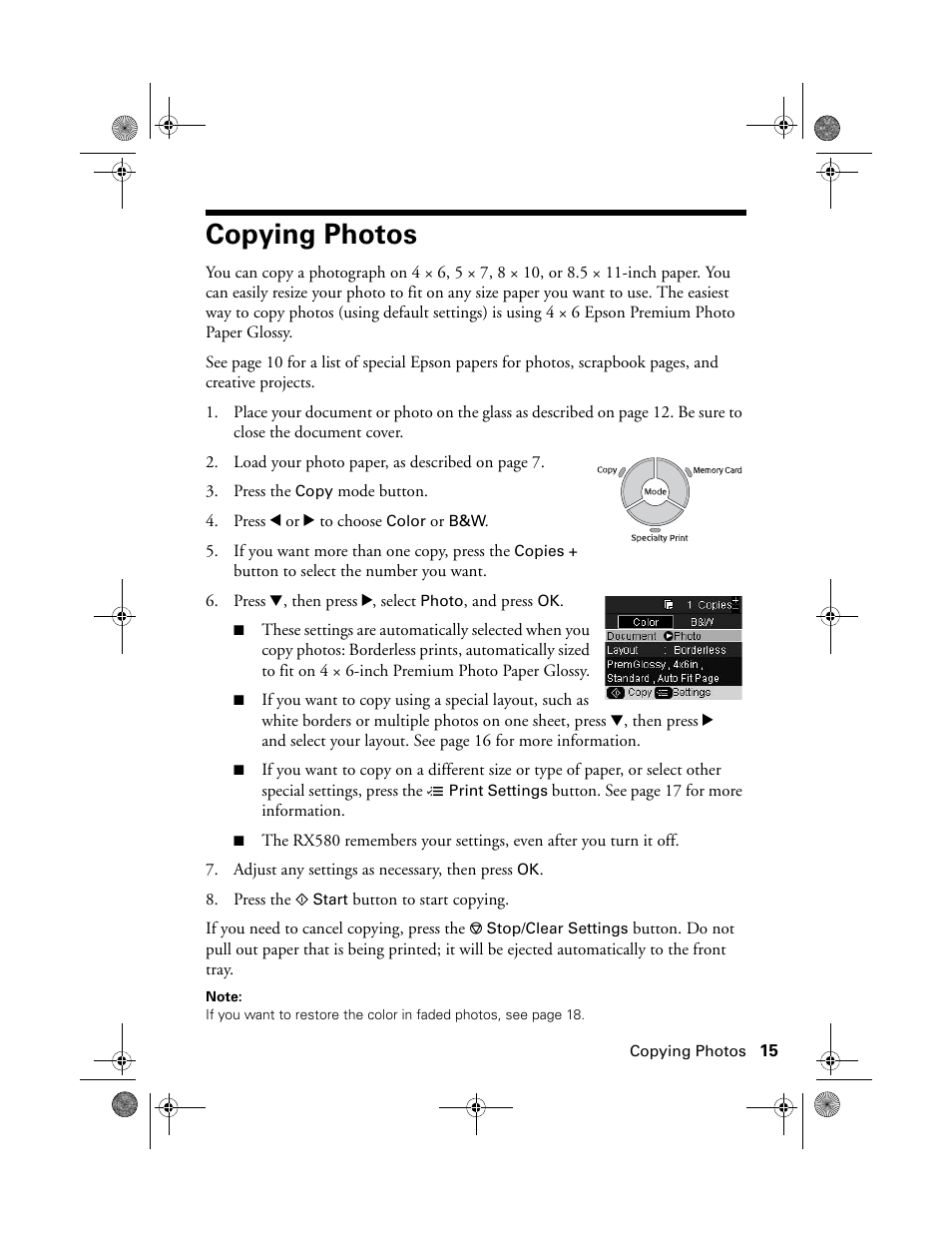 Copying photos | Epson Stylus Photo RX580 User Manual | Page 15 / 95