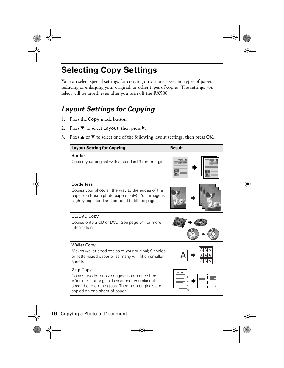 Selecting copy settings, Layout settings for copying | Epson Stylus Photo RX580 User Manual | Page 16 / 95