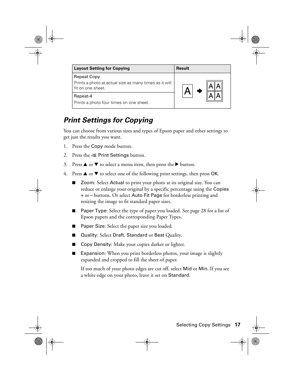 Print settings for copying | Epson Stylus Photo RX580 User Manual | Page 17 / 95