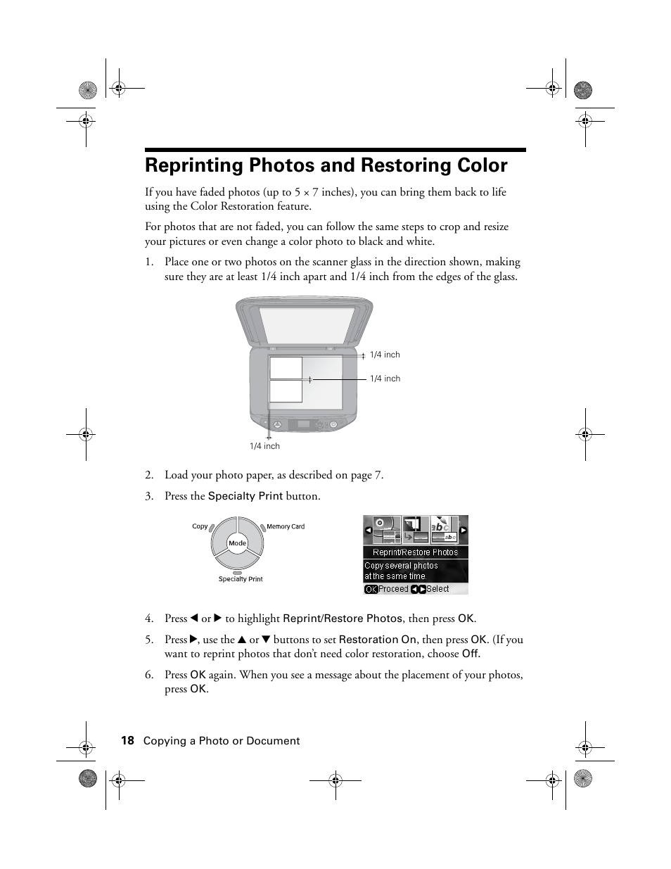 Reprinting photos and restoring color | Epson Stylus Photo RX580 User Manual | Page 18 / 95