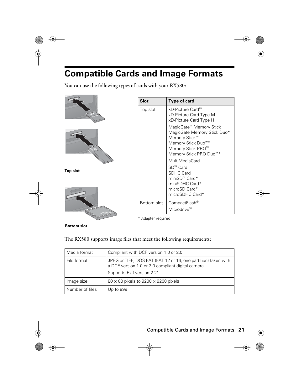 Compatible cards and image formats | Epson Stylus Photo RX580 User Manual | Page 21 / 95