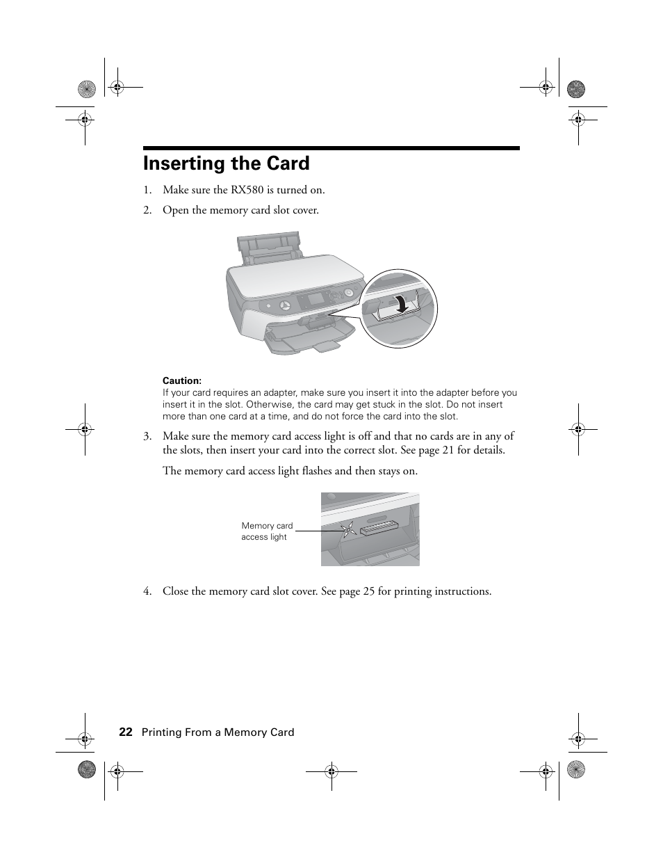 Inserting the card | Epson Stylus Photo RX580 User Manual | Page 22 / 95