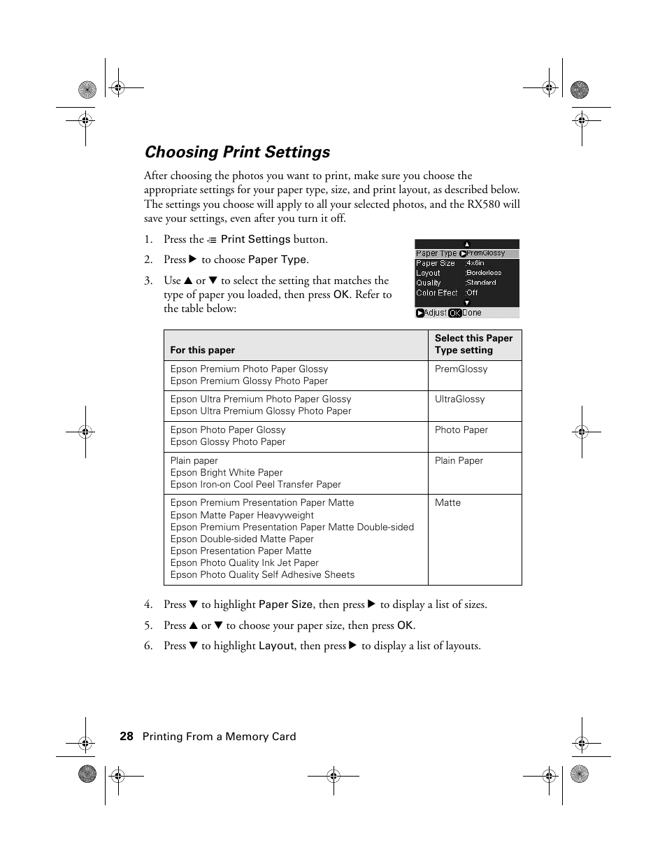 Choosing print settings | Epson Stylus Photo RX580 User Manual | Page 28 / 95