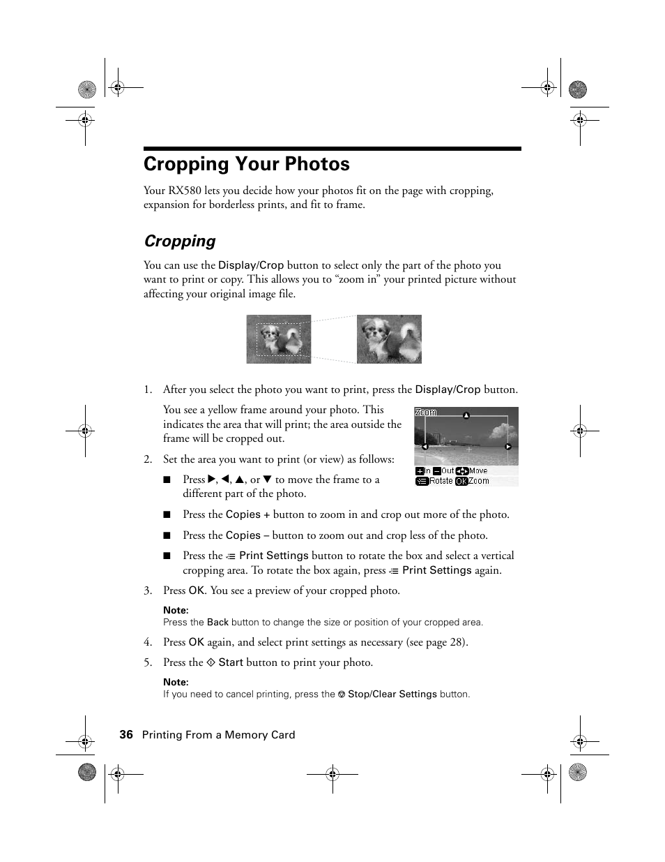 Cropping your photos, Cropping | Epson Stylus Photo RX580 User Manual | Page 36 / 95