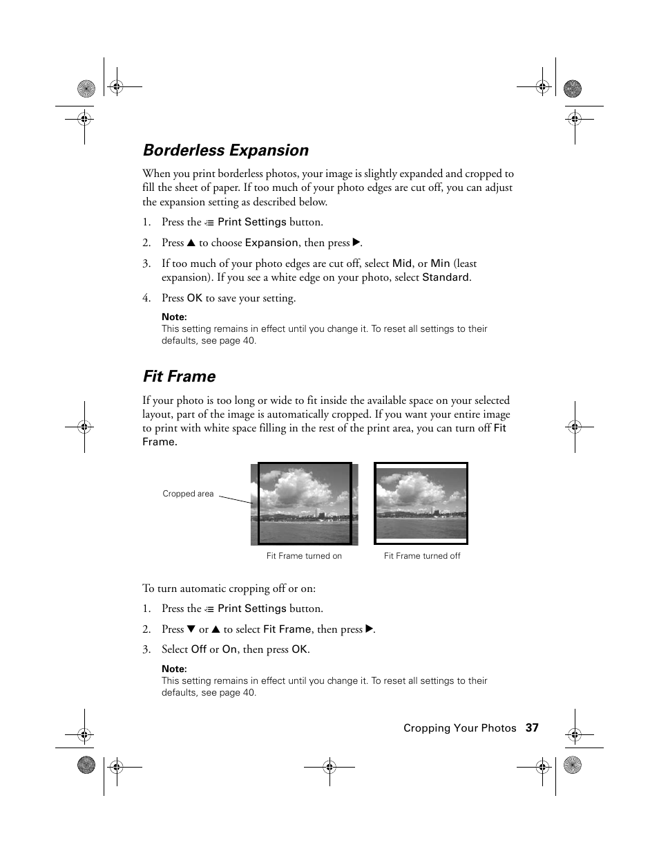 Borderless expansion, Fit frame | Epson Stylus Photo RX580 User Manual | Page 37 / 95