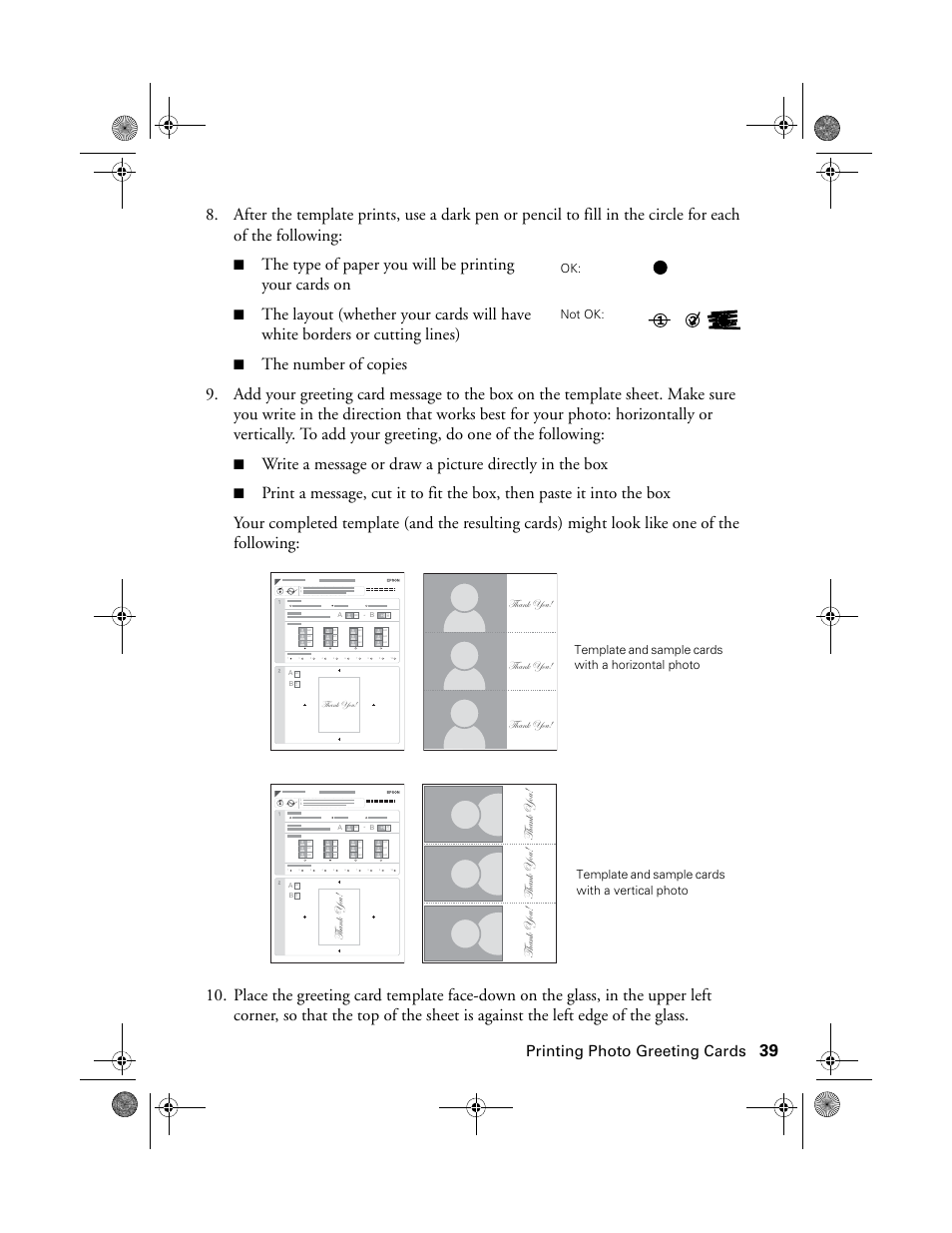 Printing photo greeting cards, Ok: not ok | Epson Stylus Photo RX580 User Manual | Page 39 / 95