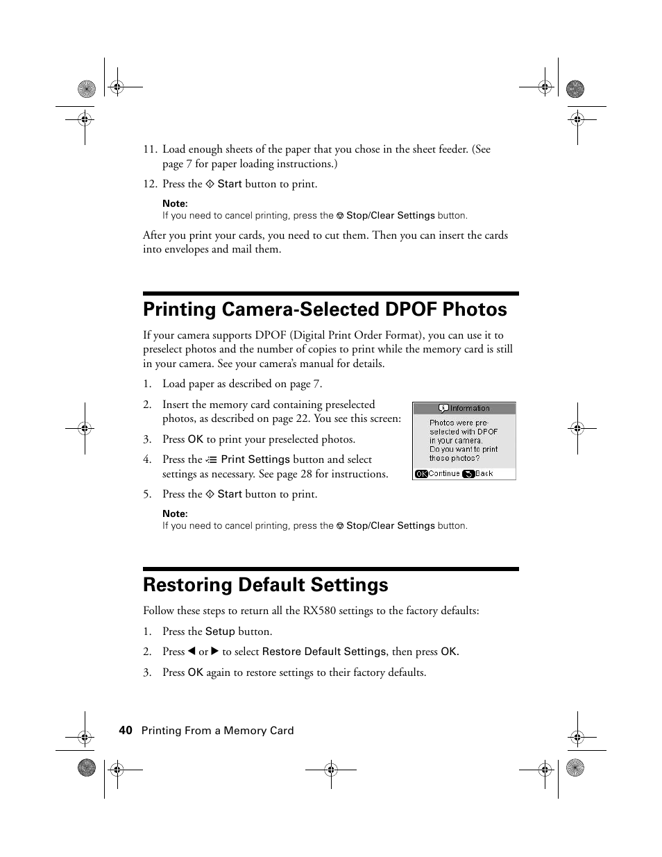 Printing camera-selected dpof photos, Restoring default settings | Epson Stylus Photo RX580 User Manual | Page 40 / 95