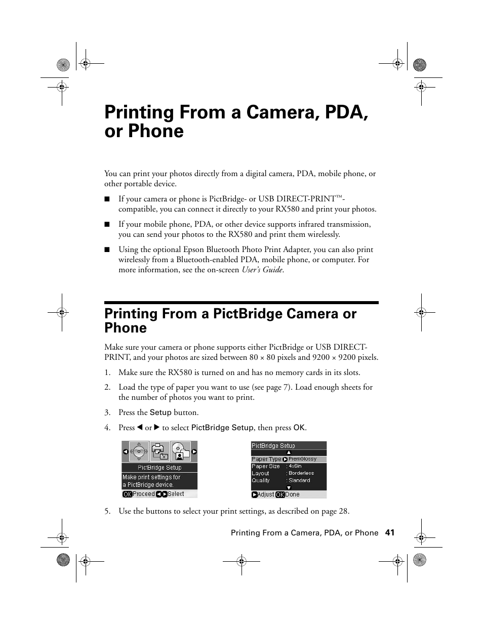 Printing from a camera, pda, or phone, Printing from a pictbridge camera or phone | Epson Stylus Photo RX580 User Manual | Page 41 / 95