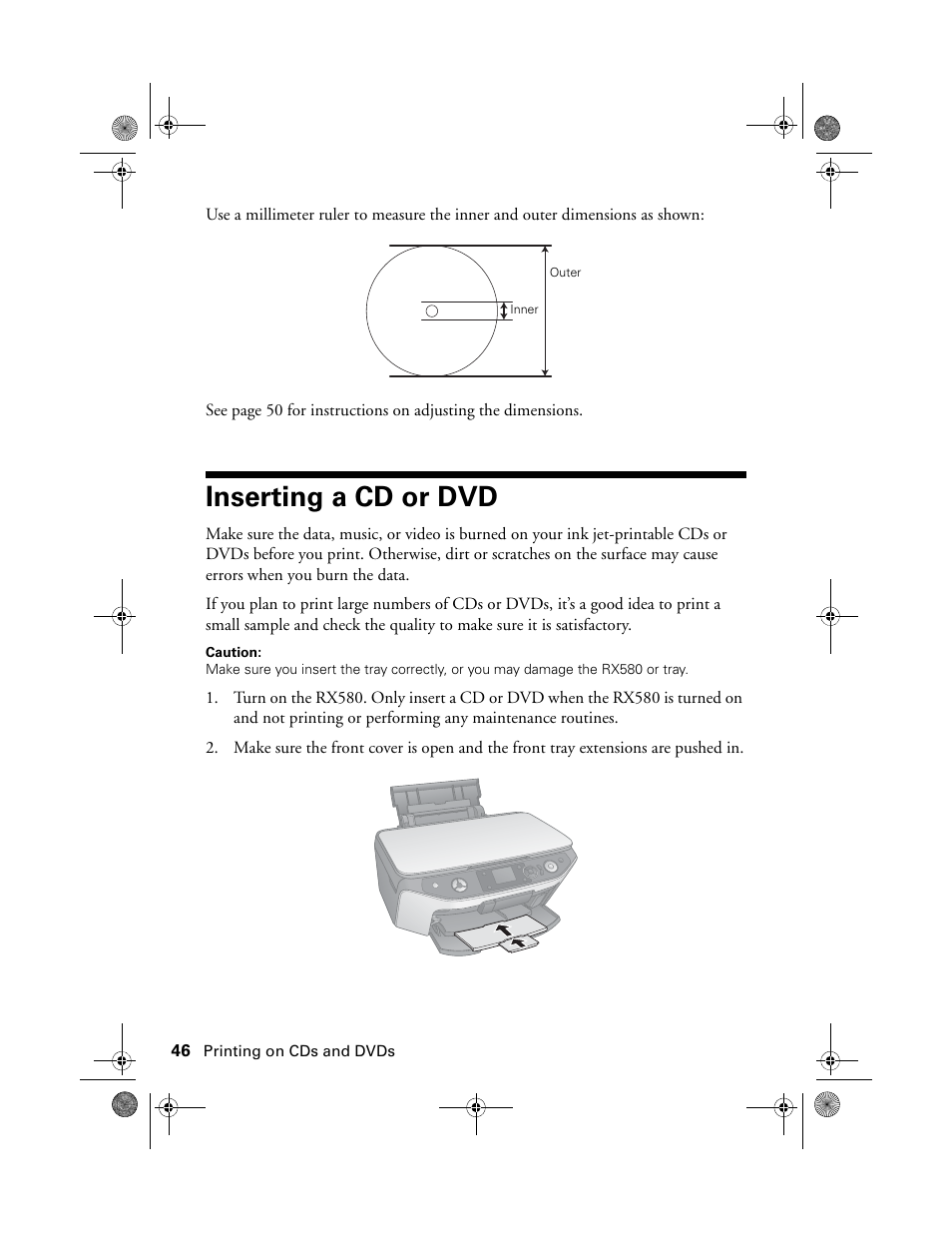 Inserting a cd or dvd | Epson Stylus Photo RX580 User Manual | Page 46 / 95