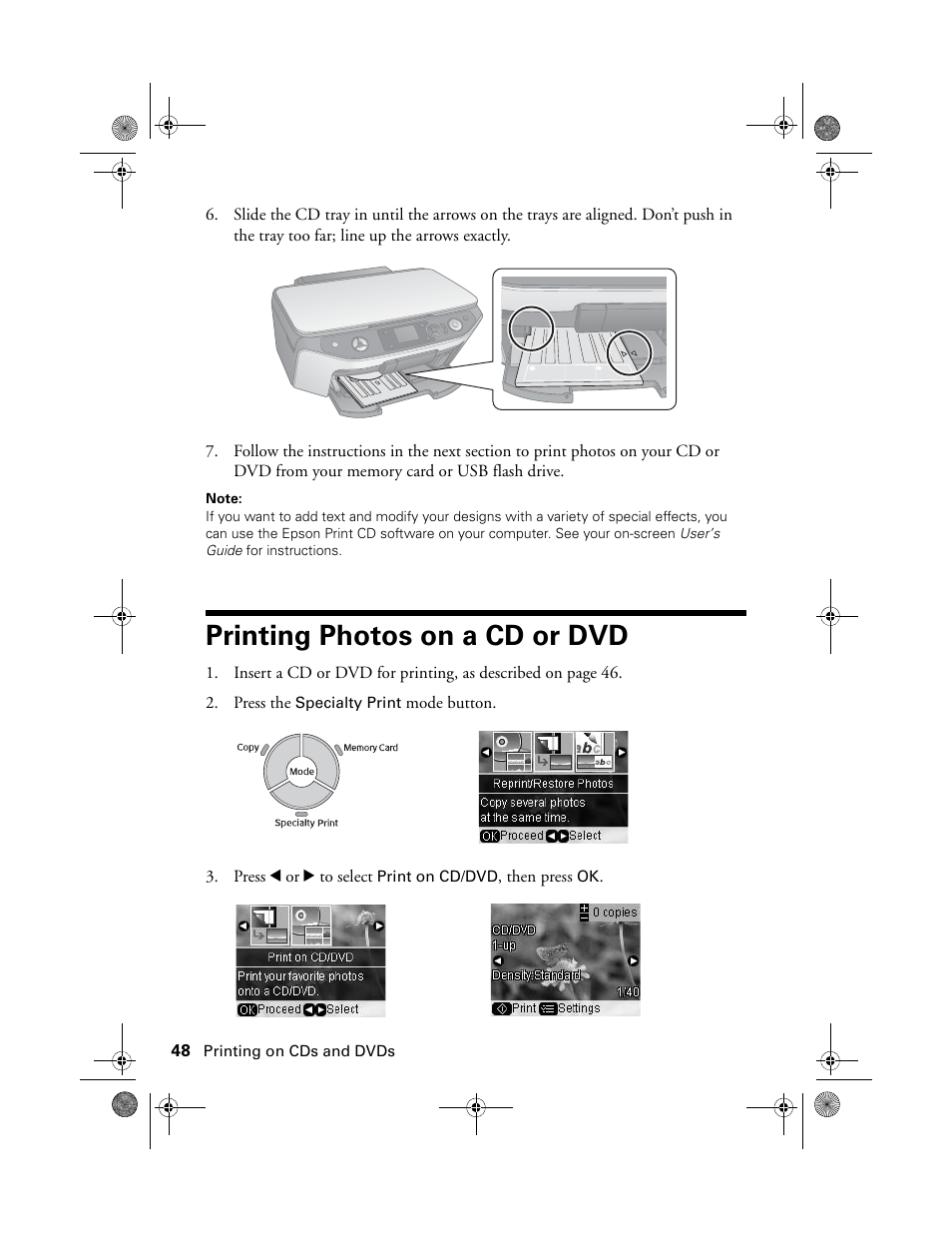 Printing photos on a cd or dvd | Epson Stylus Photo RX580 User Manual | Page 48 / 95
