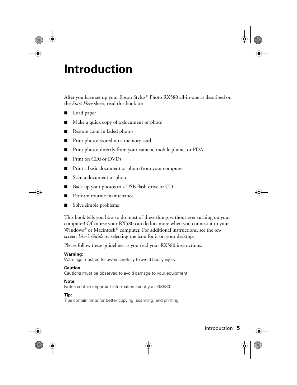 Introduction | Epson Stylus Photo RX580 User Manual | Page 5 / 95