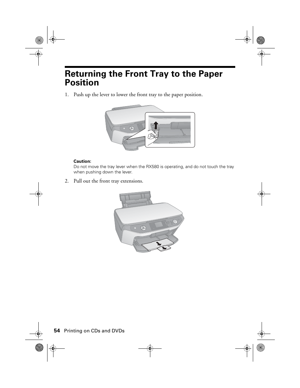 Returning the front tray to the paper position | Epson Stylus Photo RX580 User Manual | Page 54 / 95